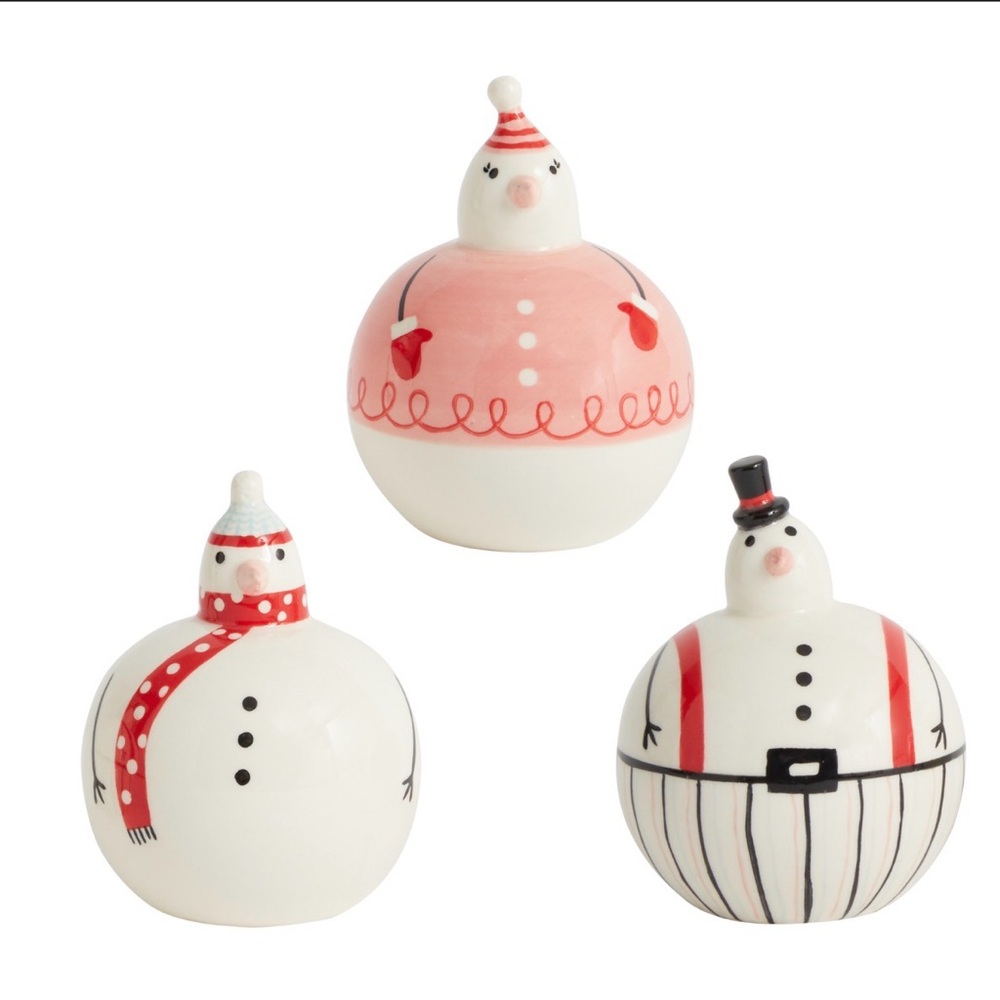Trio of Round Ceramic Snowmen Figurine Family Winter Snow Friends NWT